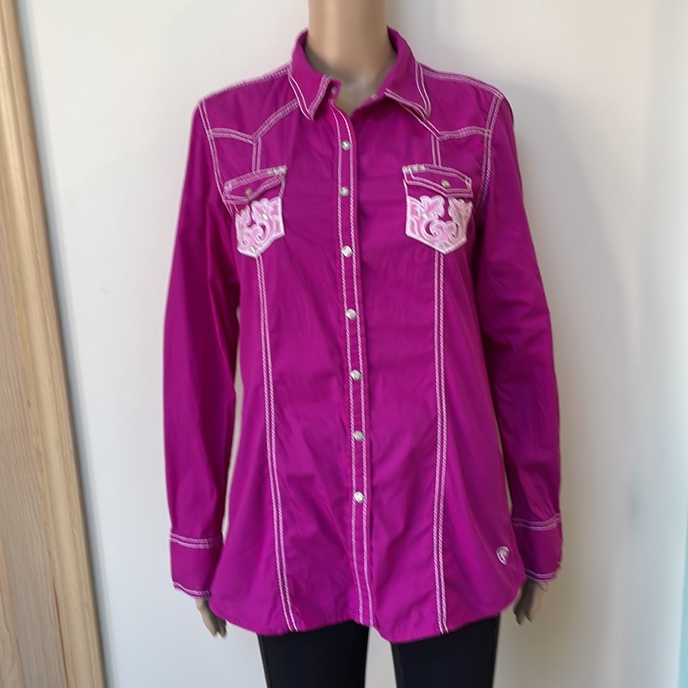 Ariat Western Shirt Fuchsia Pink 100% Cotton Embroidered Studded Snaps